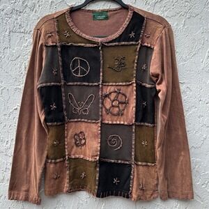 Kathmandu Imports Patchwork Embroidered Long Sleeve Top Earthy Boho Women Small